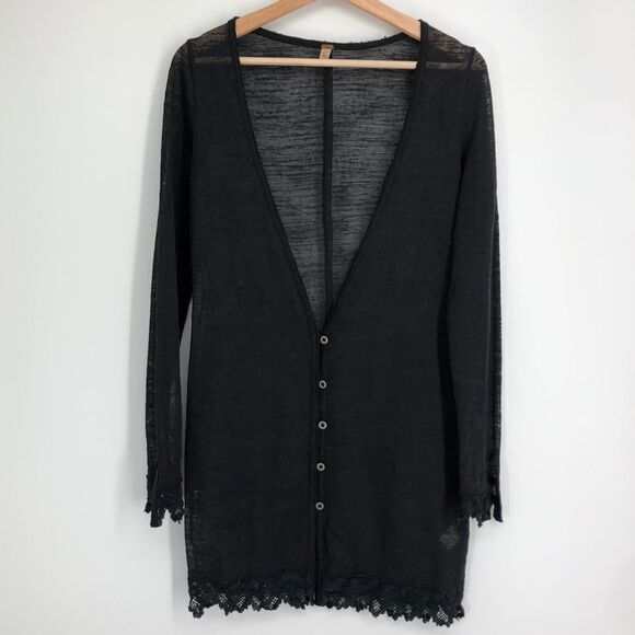 FREE‎ PEOPLE Black Slub Linen Blend Midi Cardigan Crochet - Picture 1 of 8